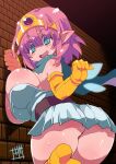  against_wall big_breasts big_butt blue_eyes bodily_fluids breasts butt clothed clothing elf female hair hi_res huge_breasts humanoid no_underwear not_furry pink_hair solo sweat zankuro 