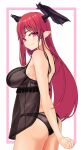  +_+ 1girl ass bangs black_panties breasts camisole closed_mouth commentary_request contrapposto cowboy_shot eyebrows_behind_hair haiiro_gundan head_wings highres koakuma large_breasts light_blush long_hair looking_at_viewer looking_back panties pointy_ears red_eyes red_hair see-through simple_background smile solo swept_bangs touhou underwear very_long_hair white_background wings 