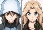  2girls bangs blonde_hair blue_eyes blue_headwear brown_eyes brown_hair brown_jacket closed_mouth commentary girls_und_panzer girls_und_panzer_saishuushou hair_intakes hat highres holding jacket kay_(girls_und_panzer) keizoku_military_uniform long_hair looking_at_viewer mika_(girls_und_panzer) military military_uniform multiple_girls omachi_(slabco) radio saunders_military_uniform smile tulip_hat uniform zipper 