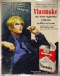  1boy absurdres ad blonde_hair blue_neckwear brand_name_imitation character_name cigarette commentary english_commentary english_text fake_ad highres holding holding_cigarette locker male_focus marlboro necktie one_piece parody sanji smoking vinutun 