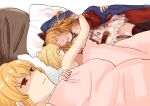  2girls 500_dollar_four_foot_tall_mareep ^_^ absurdres bare_shoulders bed blanket blonde_hair bow bra closed_eyes dakimakura_(object) djeeta_(granblue_fantasy) dress empty_eyes granblue_fantasy hair_bow headboard highres jacket jitome kumakuma long_hair multiple_girls pillow pillow_hug pink_bra short_hair underwear upper_body vira_lilie white_dress 