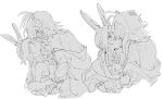  2girls amiya_(arknights) animal_ears antennae arknights bare_shoulders bunny_ears commentary covering_mouth demon_horns face-to-face greyscale hamha_s hand_on_another&#039;s_head hand_over_another&#039;s_mouth horns jewelry long_hair looking_at_another low_ponytail monochrome multiple_girls multiple_rings off_shoulder ring short_hair short_sleeves sketch sleeveless symbol_commentary upper_body w_(arknights) white_background yuri 