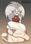  5_toes barefoot breasts clothing disney eda_(the_owl_house) elf feet female foot_focus hair hi_res humanoid humanoid_pointy_ears long_hair mrchasecomix not_furry signature simple_background smile soles solo the_owl_house toes 