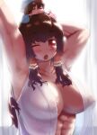  2girls abs armpit_hair armpits arms_up bangs blush breasts brown_hair commentary_request cookie_(touhou) covered_nipples eyebrows_visible_through_hair frilled_hair_tubes frills hair_between_eyes hair_tubes hakurei_reimu hat highres kanna_(cookie) large_breasts long_hair looking_at_viewer minigirl multiple_girls muscular muscular_female nightcap on_head one_eye_closed open_clothes open_mouth open_shirt otemoto_(baaaaloooo) red_eyes sakenomi_(cookie) shiny shiny_hair shirt touhou upper_body white_shirt 