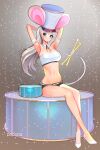  1girl absurdres animal_ears armpits arms_up artist_name blue_eyes breasts drum drumsticks dungeon_and_fighter high_heels highres instrument large_breasts long_hair looking_at_viewer mouse_ears mouse_girl mouse_tail navel papupu silver_hair solo tail very_long_hair white_footwear 