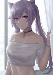  1girl alternate_costume bare_shoulders black_choker braid breasts choker closed_mouth crop_top genshin_impact hair_cones hand_up highres keqing_(genshin_impact) long_hair looking_at_viewer medium_breasts midriff off-shoulder_shirt off_shoulder purple_eyes selcky shirt short_sleeves silver_hair solo twintails upper_body white_shirt 