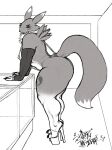  anthro arm_support big_butt bikini breasts butt clothing digimon digimon_(species) female greyscale hi_res high_heels leaning leaning_forward looking_aside looking_at_viewer monochrome renamon side_view sligarthetiger sling_bikini solo swimwear thick_thighs 