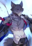  anthro beastars canid canine canis clothed clothing gradient_background legoshi_(beastars) looking_down male mammal necktie open_clothing open_topwear popodunk shadow simple_background solo suit topwear wind wolf 