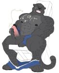  2018 4_toes 5_fingers anthro balls big_muscles black_body black_claws black_fur black_nipples black_nose black_pawpads bodily_fluids bottomwear champagnecub claws clothed clothing cum cum_on_chest cum_on_self cumshot ejaculation erection eyes_closed feet felid fingerless_gloves fingers fur gage_the_panther genital_fluids genitals gloves handwear hi_res holding_penis humanoid_genitalia humanoid_hands humanoid_penis male mammal masturbation muscular muscular_anthro muscular_male nipples pantherine partially_clothed pawpads penis pink_penis plantigrade shorts shorts_down sitting snarling solo spots spotted_body spotted_fur toes 
