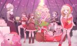  6+girls :d akamatsu_kaede alcohol alternate_costume antlers arm_up bag bangs black_capelet black_dress black_hair black_headwear blonde_hair blush boots breasts brown_hair cake candle capelet chabashira_tenko christmas christmas_lights christmas_ornaments christmas_tree cleavage commentary_request danganronpa_(series) danganronpa_v3:_killing_harmony detached_sleeves dress feet_out_of_frame food full_body fur-trimmed_dress fur-trimmed_footwear fur-trimmed_skirt fur_trim gift glass glasses gloves green_dress green_ribbon grey_shirt happy harukawa_maki hat hat_ornament highres holding holding_sack holding_tray iruma_miu jewelry kneehighs long_hair maid medium_breasts merry_christmas midriff monofunny multiple_girls open_mouth pinafore_dress pink_eyes pink_hair purple_hair red_dress red_eyes red_footwear red_headwear red_legwear red_skirt red_sleeves reindeer_antlers ribbon sack santa_costume santa_hat scarf shiny shiny_hair shirogane_tsumugi shirt short_hair sitting skirt sleeping slide smile standing star_(symbol) star_hat_ornament striped thighhighs toujou_kirumi tray vertical_stripes white_hair yonaga_angie yumeno_himiko zang_li 