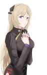  1girl bangs black_dress blonde_hair breasts dress eyebrows_visible_through_hair feet_out_of_frame g3_(girls_frontline) gift girls_frontline highres holding holding_gift la13 long_hair looking_at_viewer medium_breasts purple_eyes solo standing uniform white_background 