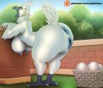  2019 3_toes 5_fingers anthro anus areola arm_support avian basket bbd beak big_breasts big_butt bird blue_anus blue_areola blue_nipples blue_pussy blue_tongue breasts brick_wall butt claws digital_media_(artwork) egg erect_nipples eyelashes feathered_wings feathers feet female fingers genitals grey_beak huge_butt leaning leaning_forward nipples non-mammal_breasts open_beak open_mouth oviposition pussy raised_tail solo spread_anus spread_butt spread_pussy spreading tail_feathers text thick_thighs toe_claws toes tongue tongue_out url wall_(structure) white_body white_claws white_feathers winged_arms wings yellow_eyes 