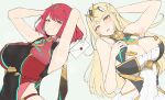  2girls absurdres armpits arms_behind_back arms_up bangs bare_shoulders blonde_hair blush breasts chest_jewel cleavage cleavage_cutout clothing_cutout dress earrings envelope gem headpiece highres jewelry large_breasts letter long_hair multiple_girls mythra_(xenoblade) open_mouth puzenketsu pyra_(xenoblade) red_eyes red_hair red_shorts short_hair short_shorts shorts smash_invitation smile super_smash_bros. swept_bangs tiara white_dress xenoblade_chronicles_(series) xenoblade_chronicles_2 yellow_eyes 