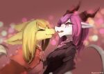  &lt;3 2021 anthro blonde_hair blush breasts canid canine clothed clothing dragon duo eyes_closed female female/female fox fur hair horn kameloh kemono licking long_hair looking_at_another mammal pink_eyes pink_hair signature tongue tongue_out topwear white_body yellow_body yellow_fur 