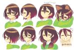  1girl animal_ear_fluff brown_hair collared_shirt expressions from_behind from_side glasses green_sweater hair_behind_ear half-closed_eyes head_tilt hippo_(hippo999) hololive jitome kemonomimi_mode looking_ahead looking_at_viewer medium_hair multiple_views roboco-san shirt short_hair smile sweater translation_request twintails upper_body virtual_youtuber white_background 