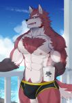  abs anthro bulge canid chang52084 chest_tuft day diederich_olsen_(knights_college) fur knights_college male mammal muscular muscular_anthro muscular_male nipples red_body red_fur shirtless shirtless_male smile solo teacher tuft video_games visual_novel 