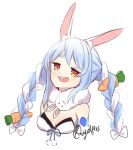  1girl animal_ear_fluff animal_ears artist_name bangs blue_hair bow breasts brown_eyes bunny_ears carrot_hair_ornament cleavage don-chan_(usada_pekora) dress food_themed_hair_ornament fur_scarf hair_ornament highres hololive multicolored_hair open_mouth rabbit_girl small_breasts solo two-tone_hair upper_body usada_pekora virtual_youtuber vyolfers white_bow white_dress white_hair 