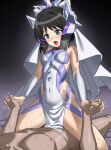  1boy 1girl black_background black_hair blue_eyes blush breasts collar covered_navel covered_nipples eyebrows_visible_through_hair girl_on_top highres holding_hands inai_uchi kohinata_miku leotard open_mouth senki_zesshou_symphogear sex shiny shiny_clothes shiny_hair shiny_skin short_hair simple_background small_breasts sweat vaginal 