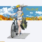  1girl :d absurdres aosora_kamiya ash_arms bare_shoulders bicycle black_hair blue_eyes bow breasts brown_headwear collarbone collared_dress commentary_request dress elbow_gloves flower gloves ground_vehicle hair_between_eyes hat hat_bow hat_flower highres long_hair looking_at_viewer open_mouth orange_gloves shoes single_glove sleeveless sleeveless_dress small_breasts smile solo straw_hat sunflower upper_teeth very_long_hair white_bow white_dress white_footwear yellow_flower yer-2 