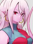  1girl android_21 breasts checkered checkered_dress closed_mouth colored_skin dragon_ball dragon_ball_fighterz dress earrings grey_background hoop_earrings jewelry kemachiku long_hair looking_at_viewer majin_android_21 medium_breasts pink_skin red_eyes simple_background solo tail upper_body white_hair 