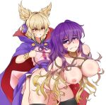  2girls armlet bdsm bondage bound breasts cape collar dildo earmuffs english_commentary frown gradient_hair grey_background grin highres hijiri_byakuren large_breasts leash light_brown_hair long_hair medium_hair multicolored_hair multiple_girls nipples pan-ooh pointy_hair purple_eyes purple_hair rope sex sex_toy shibari simple_background smile strap-on tears thighhighs touhou toyosatomimi_no_miko yellow_eyes yuri 