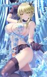  1girl artoria_pendragon_(all) artoria_pendragon_(lancer_alter)_(fate) babydoll bangs bare_shoulders black_gloves black_legwear black_panties blonde_hair blue_babydoll braid breasts cleavage emanon123 fate/grand_order fate_(series) french_braid garter_belt gloves hair_between_eyes highres horns large_breasts long_hair looking_at_viewer panties royal_icing sidelocks smile snowflake_print thighhighs underwear yellow_eyes 