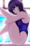  1girl absurdres asaka_karin black_hair blue_eyes blue_swimsuit breasts competition_swimsuit feet_out_of_frame highres k_(kite) large_breasts leg_hug looking_at_viewer love_live! love_live!_nijigasaki_high_school_idol_club medium_hair one-piece_swimsuit pool short_hair sitting smile solo swimsuit water window 