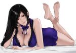  1girl arm_support bangs bare_legs bare_shoulders barefoot bed_sheet black_hair breasts brown_eyes cleavage closed_mouth dress feet feet_up final_fantasy final_fantasy_vii final_fantasy_vii_remake hair_behind_ear hand_on_own_cheek hand_on_own_face j@ck legs legs_up long_hair looking_at_viewer lying official_alternate_costume on_stomach parted_bangs pose purple_dress seductive_smile short_dress smile soles the_pose thighs tifa_lockhart toes 