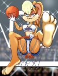  2021 3_toes 4_fingers anthro ball basketball basketball_(ball) basketball_hoop bite biting_lip blue_eyes bottomwear clothed clothing crop_top digital_media_(artwork) english_text feet female fingers foot_focus fur gloves handwear hi_res holding_object lagomorph leporid lights lola_bunny looney_tunes mammal rabbit shirt shorts sitting smile solo space_jam sukuratchu tan_body tan_fur tank_top teeth text text_on_clothing text_on_shirt text_on_tank_top text_on_topwear toes topwear warner_brothers white_clothing white_shirt white_tank_top white_topwear 