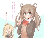  2girls abukuma_(kancolle) alternate_hairstyle beige_cardigan black_gloves black_jacket blazer blonde_hair blue_eyes brown_hair brown_jacket cardigan closed_eyes commentary_request double_bun gloves grey_sailor_collar hair_rings hairstyle_switch icesherbet jacket kantai_collection kumano_(kancolle) long_hair looking_at_viewer multiple_girls neck_ribbon partially_fingerless_gloves ponytail red_ribbon remodel_(kantai_collection) ribbon sailor_collar school_uniform serafuku short_sleeves smile translation_request upper_body v 