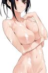  1girl bangs black_hair blush breasts collarbone convenient_censoring haitekudasai_takamine-san hiiragi_yuuichi large_breasts long_hair looking_at_viewer navel nude red_eyes simple_background soap_bubbles soap_censor takamine_takane wet white_background 