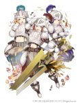  3girls absurdres armor basket belt belt_pouch blonde_hair breastplate cake candy cup cupcake doughnut faulds food full_body gauntlets helmet highres holding holding_sword holding_weapon ji_no looking_at_viewer macaron midriff mittens multiple_girls official_art plate_armor plume pouch purple_eyes shoulder_armor sinoalice smile square_enix sword teacup three_little_pigs_(sinoalice) upper_teeth visor_lift weapon white_background 