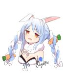  1girl animal_ear_fluff animal_ears artist_name bangs blue_hair bow breasts brown_eyes bunny_ears carrot_hair_ornament cleavage don-chan_(usada_pekora) dress food_themed_hair_ornament fur_scarf hair_ornament highres hololive multicolored_hair open_mouth rabbit_girl small_breasts solo tearing_up two-tone_hair upper_body usada_pekora virtual_youtuber vyolfers white_bow white_dress white_hair 