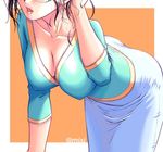  bent_over breasts cleavage glasses head_out_of_frame katou_ryouichi large_breasts lips long_sleeves mature original solo 