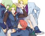  arm_up artist_request belt blonde_hair blue_eyes blush boots buckle clotho_buer coat crotch_grab embarrassed formal green_eyes green_hair gundam gundam_seed hand_kiss jacket kiss leg_grab long_sleeves looking_at_viewer looking_back male_focus male_harem multiple_boys muruta_azrael naughty_face orga_sabnak red_hair restrained shani_andras spread_legs suit tongue tongue_out tuxedo yaoi 
