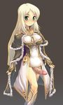  blonde_hair blush boots breasts cape covered_nipples erection fingerless_gloves futanari gloves green_eyes high_wizard highres knee_boots large_breasts long_hair no_testicles penis ragnarok_online simple_background smile solo uncensored veins veiny_penis yn_red 