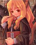  animal_ears artist_request bangs blush book cat_ears closed_mouth eyebrows_visible_through_hair harry_potter hermione_granger hogwarts_school_uniform holding holding_book holding_wand kemonomimi_mode long_hair long_sleeves looking_at_viewer lowres necktie oekaki orange_hair red_neckwear school_uniform smile solo striped striped_neckwear tail tail_raised upper_body wand 