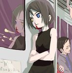  1girl artist_request black_hair blood blood_on_face blue_eyes copyright_request crossed_arms ground_vehicle heterochromia leaning nosebleed reflection short_hair train_interior translated yellow_eyes 