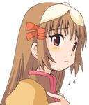  artist_request brown_eyes brown_hair hair_ornament hair_ribbon hand_on_own_chest juliet_sleeves long_sleeves lowres puffy_sleeves re_mii ribbon solo sweat zoids zoids_genesis 