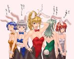  animal_ears artist_request black_legwear blonde_hair blue_leotard bow bowtie bunny_ears bunny_girl bunnysuit excellen_browning fake_animal_ears green_leotard grey_leotard ibis_douglas kusuha_mizuha lamia_loveless leotard multiple_girls orange_leotard pantyhose red_leotard seolla_schweizer super_robot_wars translated wrist_cuffs 