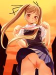  artist_request blonde_hair blush copyright_request hair_ribbon holding holding_panties long_hair no_panties orange_eyes panties panties_removed pleated_skirt pussy ribbon school_uniform skirt solo sunset twintails uncensored underwear vest wind wind_lift 