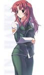  arm_at_side breasts gundam gundam_seed gundam_seed_destiny hand_on_own_elbow high_collar long_hair long_sleeves looking_to_the_side medium_breasts meyrin_hawke purple_eyes red_hair solo standing uchiu_kazuma uniform 