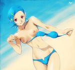  beach bikini bikini_top_removed blue_bikini breasts day eureka eureka_seven eureka_seven_(series) kobayashi_yuuji navel nipples small_breasts solo swimsuit topless undressing 