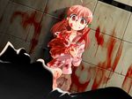  ahoge aibara_natsumi blood blood_on_face blood_splatter blood_stain bloody_clothes bloody_hands bloody_knife bloody_weapon flat_chest game_cg hello_world. kinriki_mantou knife long_sleeves red_eyes red_hair scared solo strap_slip weapon 