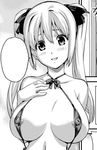  areola_slip areolae breasts covered_nipples greyscale large_breasts monochrome original otobe_wakana slingshot_swimsuit smile solo swimsuit takeda_hiromitsu tsundero twintails upper_body 