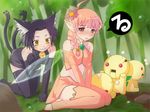  animal_ears bare_shoulders bell black_hair cat_ears cat_tail fairy jingle_bell multiple_girls multiple_tails nature pink_hair pointy_ears red_eyes runrun_soft sleeveless sleeveless_turtleneck tail thighhighs turtleneck wings yellow_eyes zettai_ryouiki 
