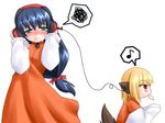  animal_ears artist_request blonde_hair blue_hair blush dress eighth_note embarrassed fox_ears green_eyes hand_on_ear headphones listening_to_music long_hair long_sleeves low_ponytail mouth_hold multiple_girls musical_note orange_dress original red_eyes short_hair simple_background skirt spoken_musical_note spoken_squiggle squiggle tail white_background 