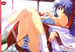  ass bare_shoulders blue_hair blue_panties blush bra bra_pull breasts cameltoe copyright_request hakama japanese_clothes lingerie long_sleeves lying medium_breasts miko nipples on_back open_clothes open_shirt panties pantyshot pantyshot_(lying) pantyshot_(sitting) pussy_juice pussy_juice_stain red_eyes red_hakama shirt sitting socks solo striped striped_panties underwear wet wet_clothes wet_panties yukirin 