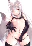  1girl animal_ear_fluff animal_ears black_gloves black_legwear black_panties breasts elbow_gloves eyebrows_visible_through_hair fox_ears fox_girl fox_tail gloves long_hair navel original panties red_eyes silver_hair small_breasts spread_navel tail thighhighs underboob underwear very_long_hair yuki_kawachi 