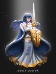  1girl alternate_costume bare_shoulders belly_chain black_background blue_eyes blue_hair burnt_green_tea collarbone collared_dress detached_sleeves dress english_text falchion_(fire_emblem) fire_emblem fire_emblem_awakening highres holding holding_sword holding_weapon jewelry long_dress long_hair lucina_(fire_emblem) shield sleeveless sleeveless_dress smile solo sunlight sword tiara weapon white_dress 